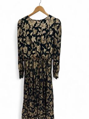 Black & Gold Floral Long Sleeve Midi Dress